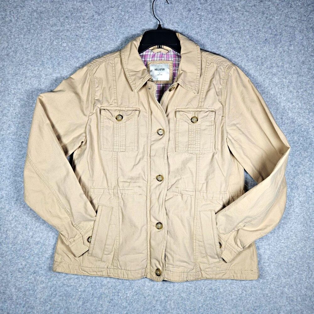 Hollister Womens L Beige Military Utility Jacket Plaid Lined Button Zip Pockets